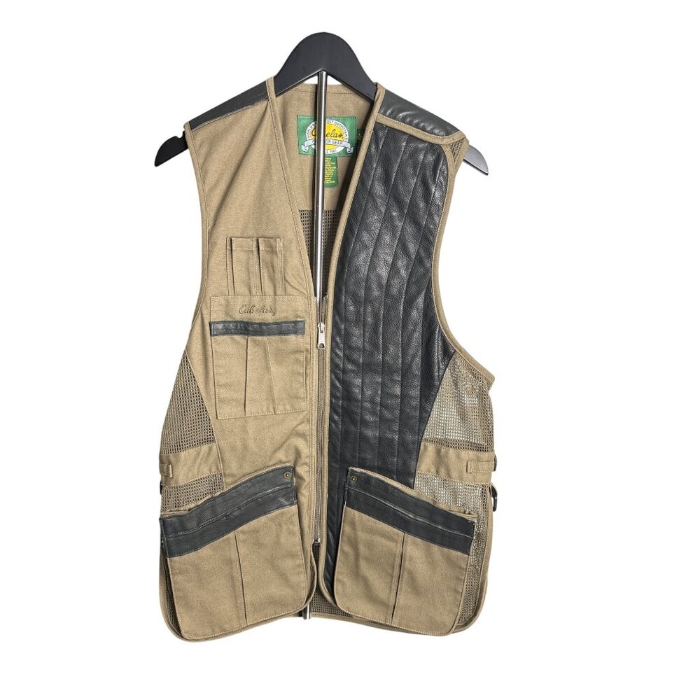Cabela's Men's Tan Canvas & Brown Leather & Mesh Hunting Vest Size M